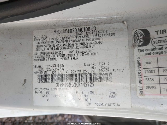 46174779 :رقم المزاد ، 3FAHP0HG3CR445925 vin ، 2012 Ford Fusion Se مزاد بيع