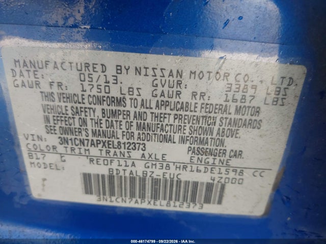 46174799 :رقم المزاد ، 3N1CN7APXEL812373 vin ، 2014 Nissan Versa 1.6 Sv مزاد بيع