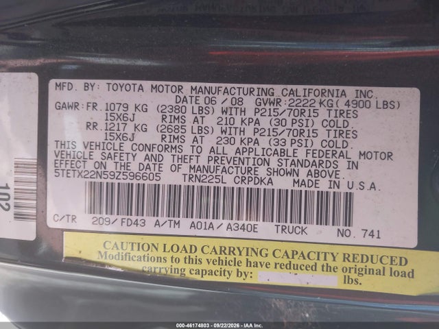 2009 Toyota Tacoma მანქანა იყიდება აუქციონზე, vin: 5TETX22N59Z596605, აუქციონის ნომერი: 46174803