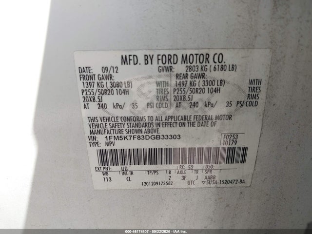2013 Ford Explorer Limited მანქანა იყიდება აუქციონზე, vin: 1FM5K7F83DGB33303, აუქციონის ნომერი: 46174807