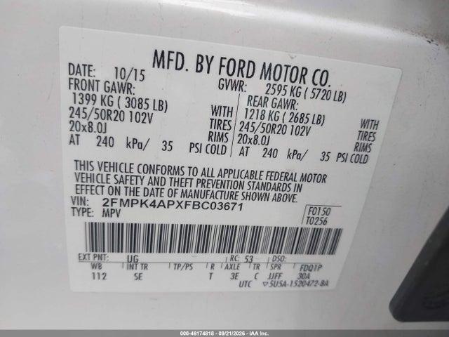 Aukcja sprzedaży 2015 Ford Edge Sport, vin: 2FMPK4APXFBC03671, numer aukcji: 46174818