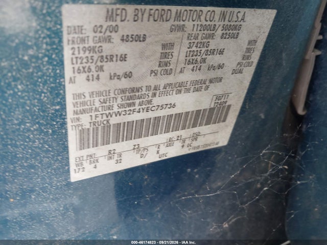 2000 Ford Super Duty F-350 Drw Lariat/xl/xlt მანქანა იყიდება აუქციონზე, vin: 1FTWW32F4YEC75736, აუქციონის ნომერი: 46174823