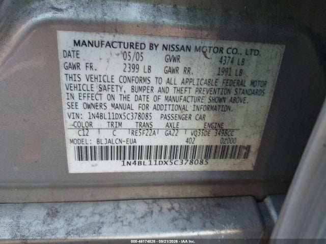 2005 Nissan Altima 3.5 Se მანქანა იყიდება აუქციონზე, vin: 1N4BL11DX5C378085, აუქციონის ნომერი: 46174828