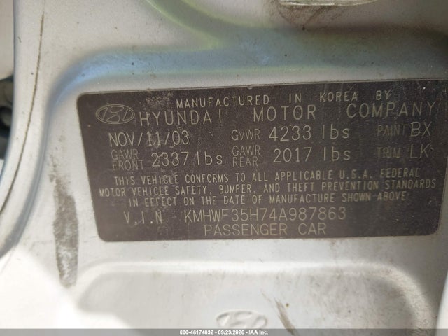 Aukcja sprzedaży 2004 Hyundai Sonata Gls/lx, vin: KMHWF35H74A987863, numer aukcji: 46174832