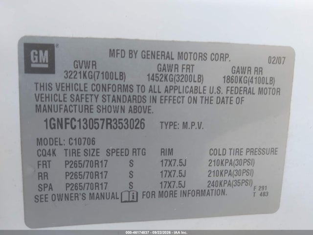 46174837 :رقم المزاد ، 1GNFC13057R353026 vin ، 2007 Chevrolet Tahoe Lt مزاد بيع
