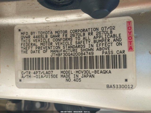 2002 Lexus Es 300 მანქანა იყიდება აუქციონზე, vin: JTHBF30G420084749, აუქციონის ნომერი: 46174843