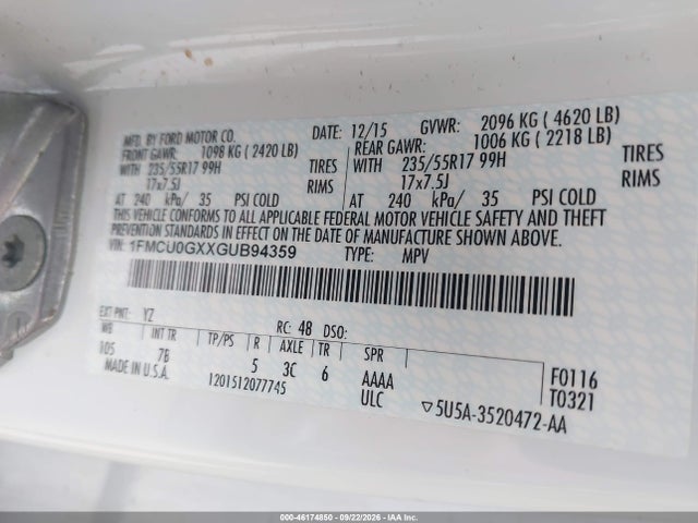Продаж на аукціоні авто 2016 Ford Escape Se, vin: 1FMCU0GXXGUB94359, номер лоту: 46174850