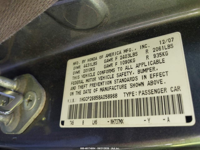Продаж на аукціоні авто 2008 Honda Accord 2.4 Ex-l, vin: 1HGCP26858A058968, номер лоту: 46174854