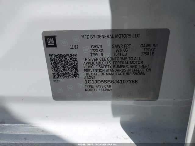 2018 Chevrolet Sonic Lt Auto მანქანა იყიდება აუქციონზე, vin: 1G1JD5SB6J4107366, აუქციონის ნომერი: 46174855