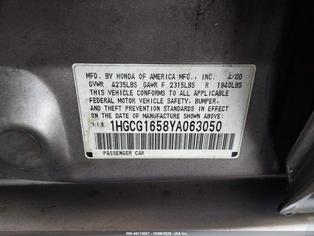 46174857 :رقم المزاد ، 1HGCG1658YA063050 vin ، 2000 Honda Accord 3.0 Ex مزاد بيع