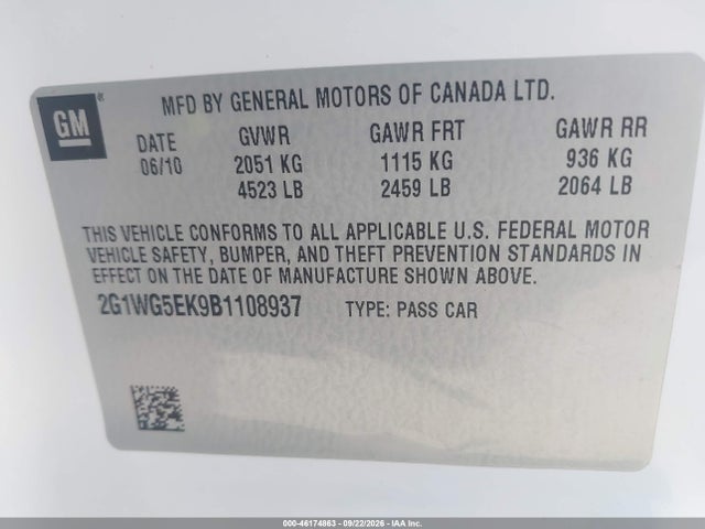 Продаж на аукціоні авто 2011 Chevrolet Impala Lt, vin: 2G1WG5EK9B1108937, номер лоту: 46174863