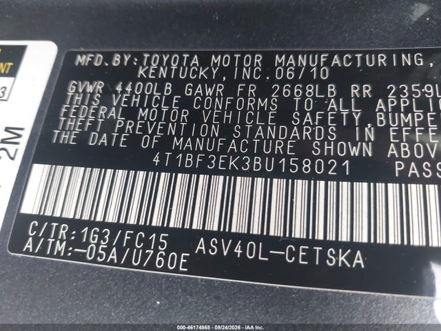 Продаж на аукціоні авто 2011 Toyota Camry Se, vin: 4T1BF3EK3BU158021, номер лоту: 46174865