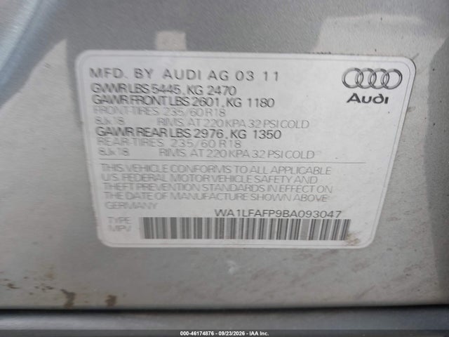 46174876 :رقم المزاد ، WA1LFAFP9BA093047 vin ، 2011 Audi Q5 2.0t Premium مزاد بيع