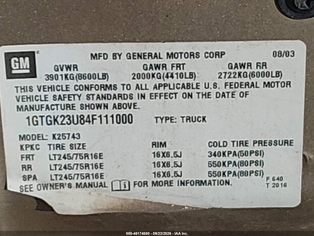 46174880 :رقم المزاد ، 1GTGK23U84F111000 vin ، 2004 Gmc Sierra 2500 Sle مزاد بيع