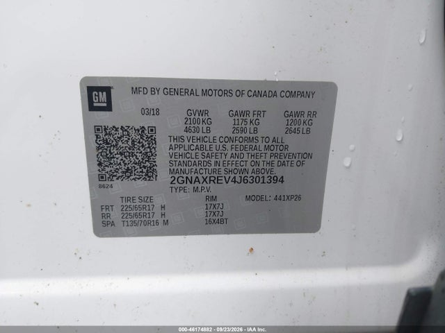 2018 Chevrolet Equinox Ls მანქანა იყიდება აუქციონზე, vin: 2GNAXREV4J6301394, აუქციონის ნომერი: 46174882