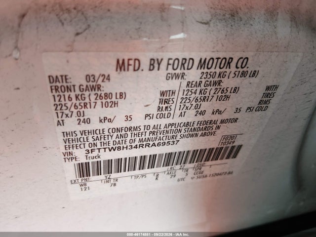 2024 Ford Maverick Xlt მანქანა იყიდება აუქციონზე, vin: 3FTTW8H34RRA69537, აუქციონის ნომერი: 46174881