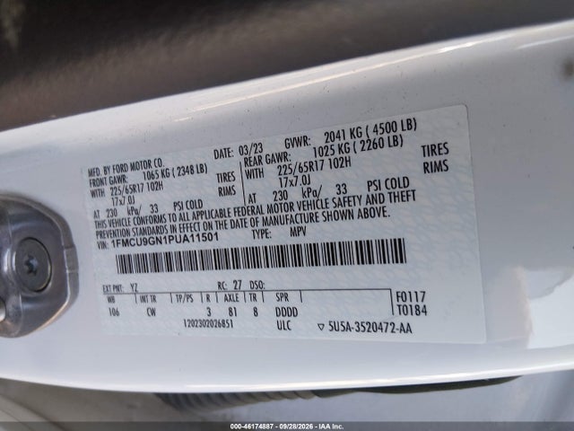 46174887 :رقم المزاد ، 1FMCU9GN1PUA11501 vin ، 2023 Ford Escape Active مزاد بيع