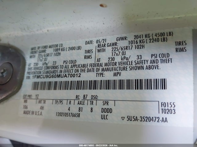 Продажа на аукционе авто 2021 Ford Escape Se, vin: 1FMCU9G60MUA70012, номер лота: 46174893