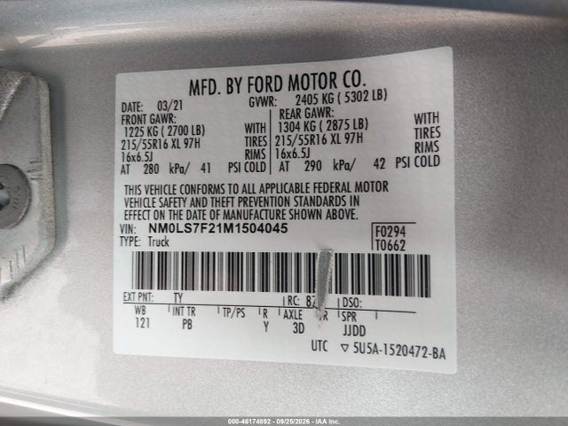 Продажа на аукционе авто 2021 Ford Transit Connect Xlt, vin: NM0LS7F21M1504045, номер лота: 46174892