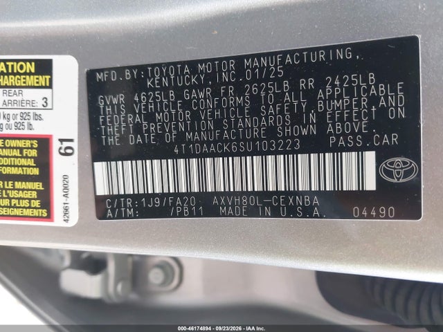 46174894 :رقم المزاد ، 4T1DAACK6SU103223 vin ، 2025 Toyota Camry Le مزاد بيع