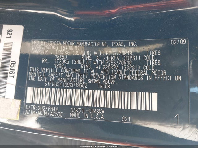 2009 Toyota Tundra Grade V6 მანქანა იყიდება აუქციონზე, vin: 5TFRU54109X019602, აუქციონის ნომერი: 46174901
