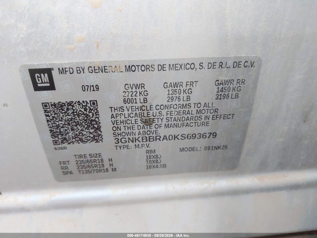 46174930 :رقم المزاد ، 3GNKBBRA0KS693679 vin ، 2019 Chevrolet Blazer مزاد بيع