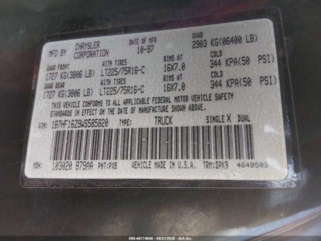 1998 Dodge Ram 1500 St მანქანა იყიდება აუქციონზე, vin: 1B7HF16Z9WS585820, აუქციონის ნომერი: 46174946