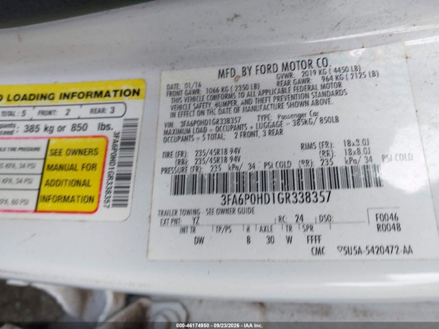 Продаж на аукціоні авто 2016 Ford Fusion Se, vin: 3FA6P0HD1GR338357, номер лоту: 46174950