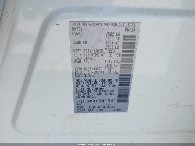 Aukcja sprzedaży 2014 Infiniti Qx60, vin: 5N1AL0MM5EC541541, numer aukcji: 46174952