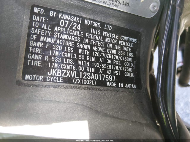 Продажа на аукционе авто 2025 Kawasaki Zx1002 L, vin: JKBZXVL12SA017597, номер лота: 46174953