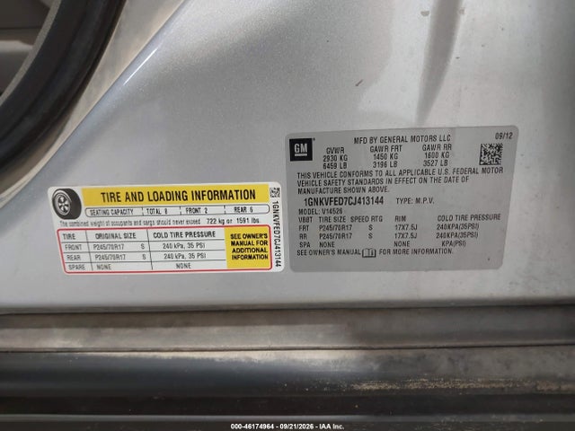 46174964 :رقم المزاد ، 1GNKVFED7CJ413144 vin ، 2012 Chevrolet Traverse Ls مزاد بيع
