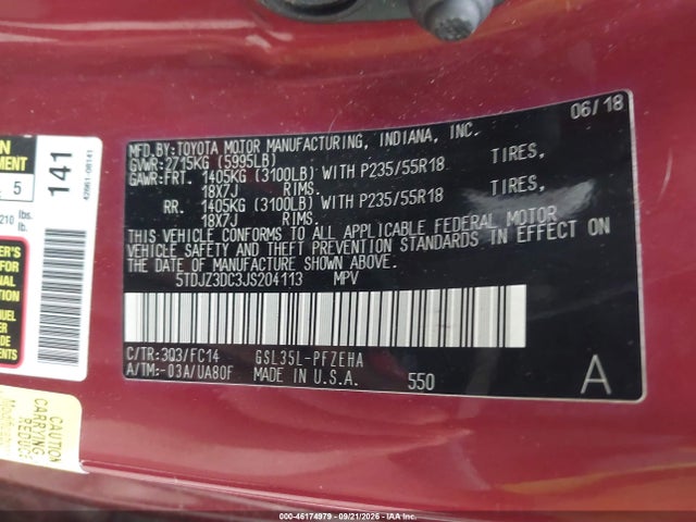 46174979 :رقم المزاد ، 5TDJZ3DC3JS204113 vin ، 2018 Toyota Sienna Le 7 Passenger مزاد بيع