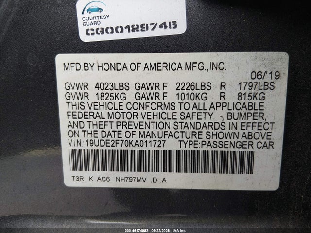 46174982 :رقم المزاد ، 19UDE2F70KA011727 vin ، 2019 Acura Ilx Premium Package/technology Package مزاد بيع