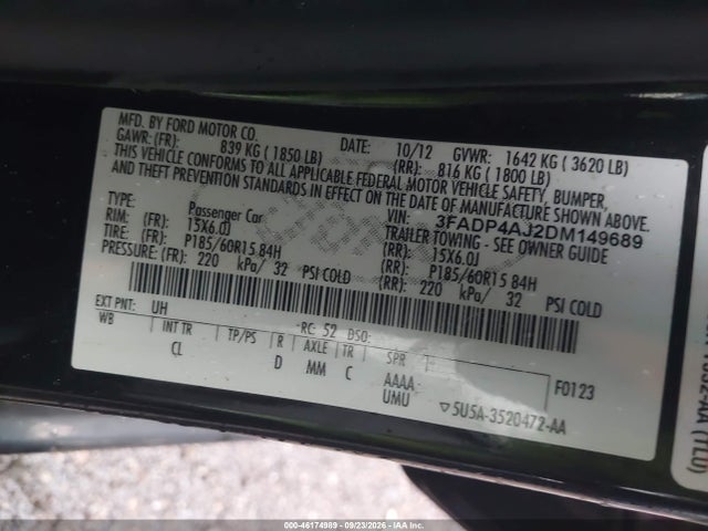 Aukcja sprzedaży 2013 Ford Fiesta S, vin: 3FADP4AJ2DM149689, numer aukcji: 46174989