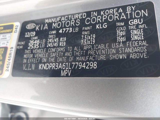 2020 Kia Sportage Sx Turbo მანქანა იყიდება აუქციონზე, vin: KNDPR3A61L7794298, აუქციონის ნომერი: 46174991