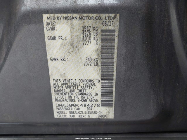 Продаж на аукціоні авто 2017 Nissan Altima 2.5 S, vin: 1N4AL3AP6HC484278, номер лоту: 46175007