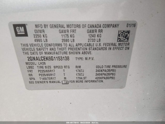 46175010 :رقم المزاد ، 2GNALCEK6G1153138 vin ، 2016 Chevrolet Equinox Lt مزاد بيع