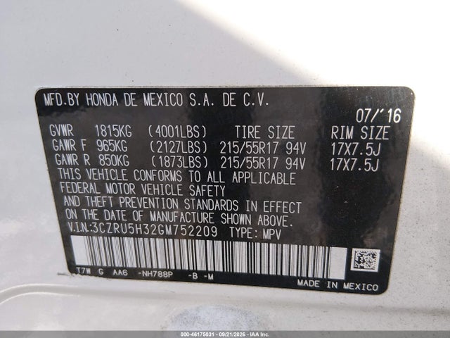 Продажа на аукционе авто 2016 Honda Hr-v Lx, vin: 3CZRU5H32GM752209, номер лота: 46175031
