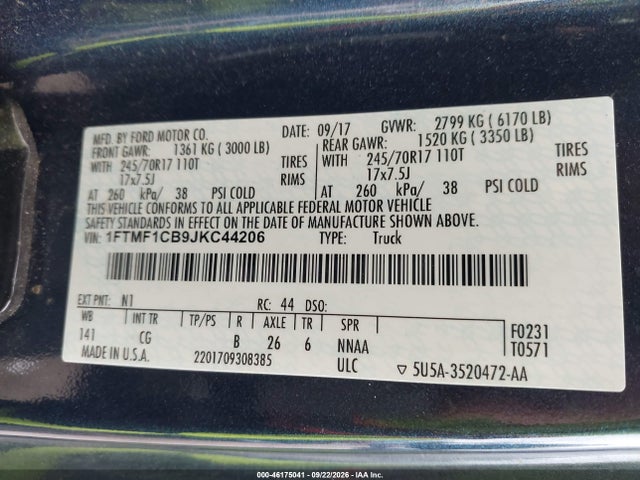 46175041 :رقم المزاد ، 1FTMF1CB9JKC44206 vin ، 2018 Ford F-150 Xl مزاد بيع
