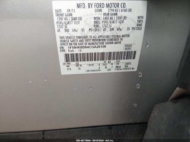 46175046 :رقم المزاد ، 1FMHK8B84CGA26106 vin ، 2012 Ford Explorer مزاد بيع