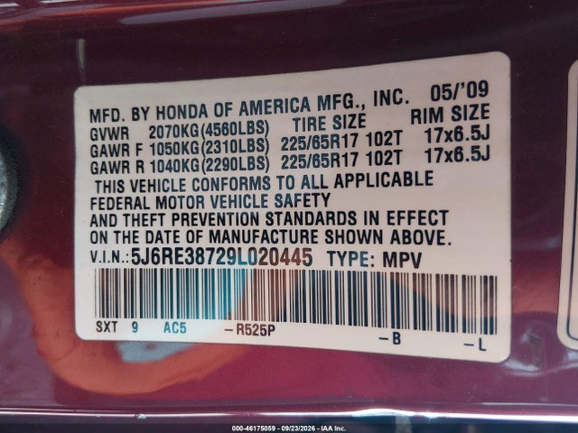 Продажа на аукционе авто 2009 Honda Cr-v Ex-l, vin: 5J6RE38729L020445, номер лота: 46175059