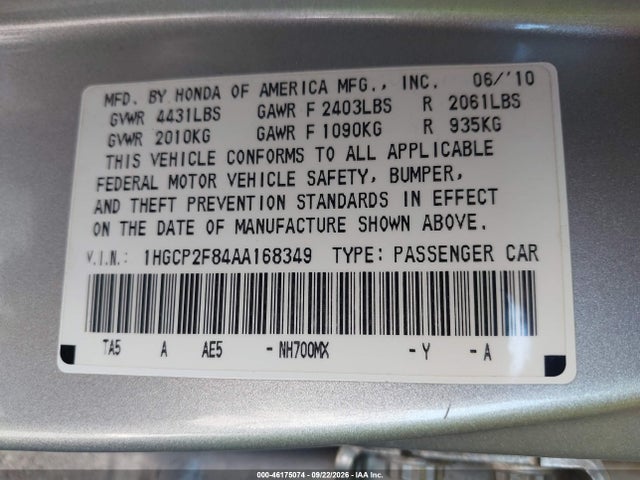 46175074 :رقم المزاد ، 1HGCP2F84AA168349 vin ، 2010 Honda Accord 2.4 Ex-l مزاد بيع