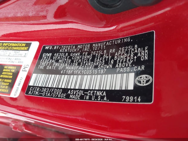 2012 Toyota Camry Le მანქანა იყიდება აუქციონზე, vin: 4T1BF1FK1CU515197, აუქციონის ნომერი: 46175075