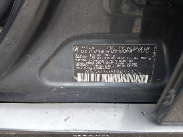 46175083 :رقم المزاد ، WBAVD33506KV64616 vin ، 2006 Bmw 330xi مزاد بيع