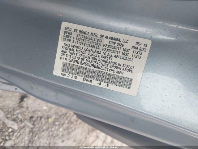 Продаж на аукціоні авто 2013 Honda Odyssey Ex-l, vin: 5FNRL5H6XDB086252, номер лоту: 46175084