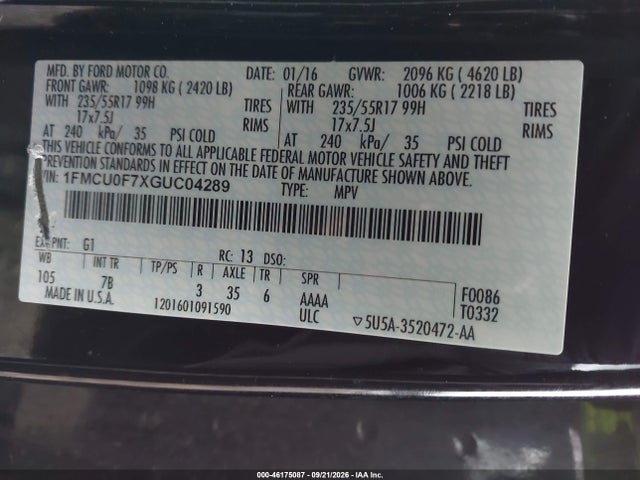2016 Ford Escape S მანქანა იყიდება აუქციონზე, vin: 1FMCU0F7XGUC04289, აუქციონის ნომერი: 46175087