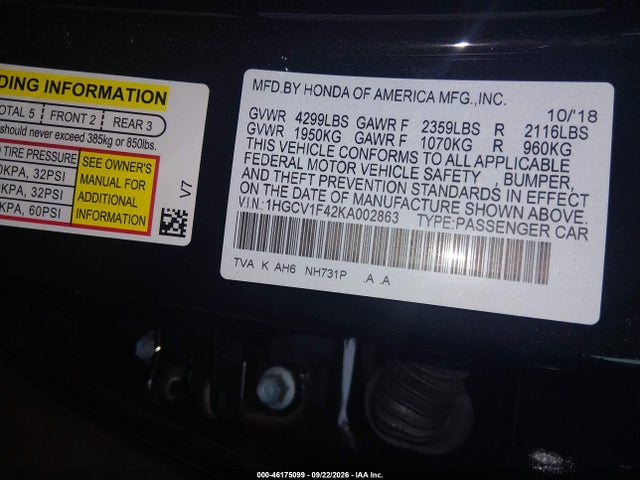 Продаж на аукціоні авто 2019 Honda Accord Ex, vin: 1HGCV1F42KA002863, номер лоту: 46175099