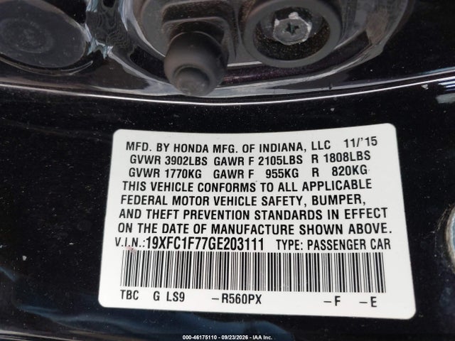 46175110 :رقم المزاد ، 19XFC1F77GE203111 vin ، 2016 Honda Civic Ex-l مزاد بيع