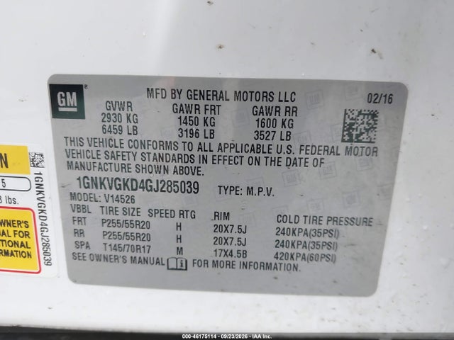 Aukcja sprzedaży 2016 Chevrolet Traverse 1lt, vin: 1GNKVGKD4GJ285039, numer aukcji: 46175114