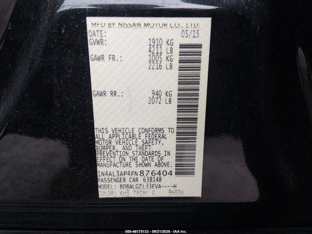 Aukcja sprzedaży 2015 Nissan Altima 2.5 S, vin: 1N4AL3AP4FN876404, numer aukcji: 46175133